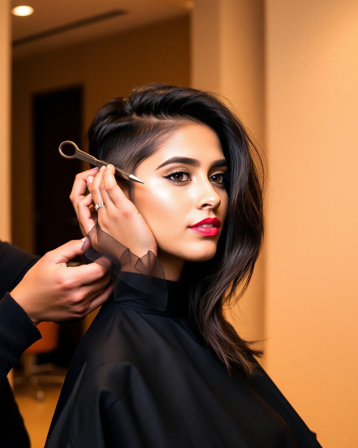 Stylist finishing a precision haircut at Sayaji ladies salon