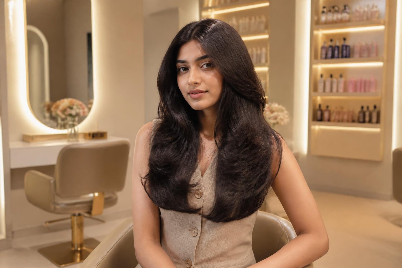 Woman with freshly styled glossy hair at Sayaji ladies salon in Kolhapur