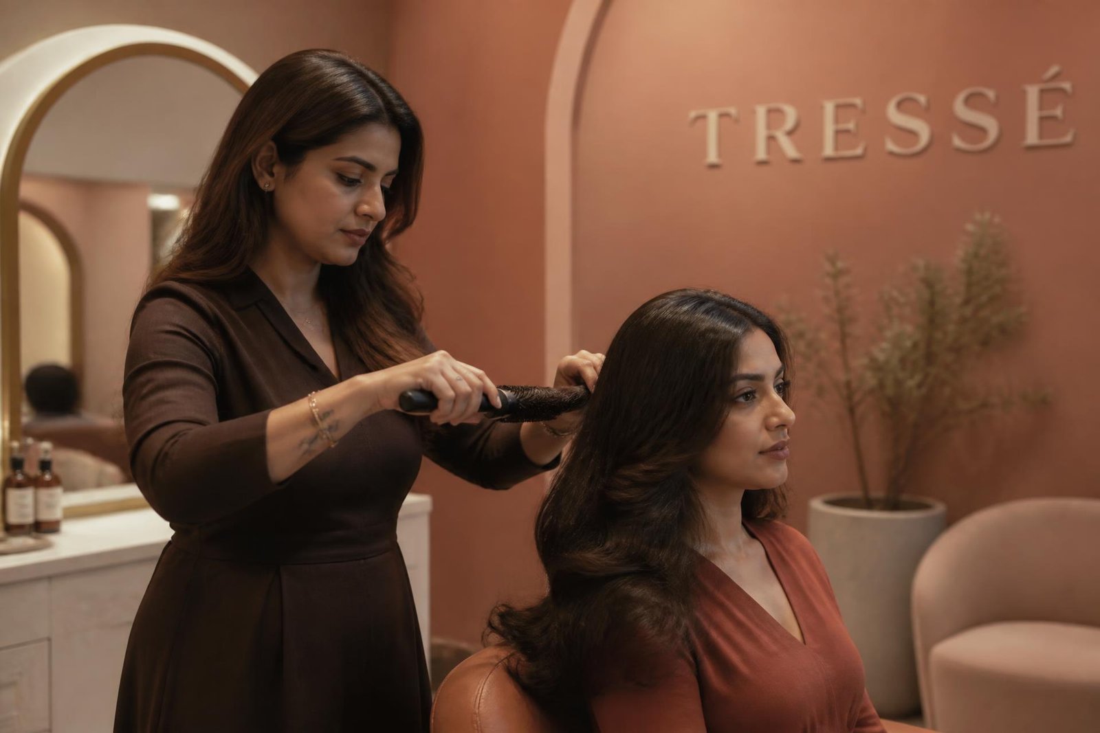 Hairstylist blow-drying a client's hair at a premium ladies salon in Kolhapur