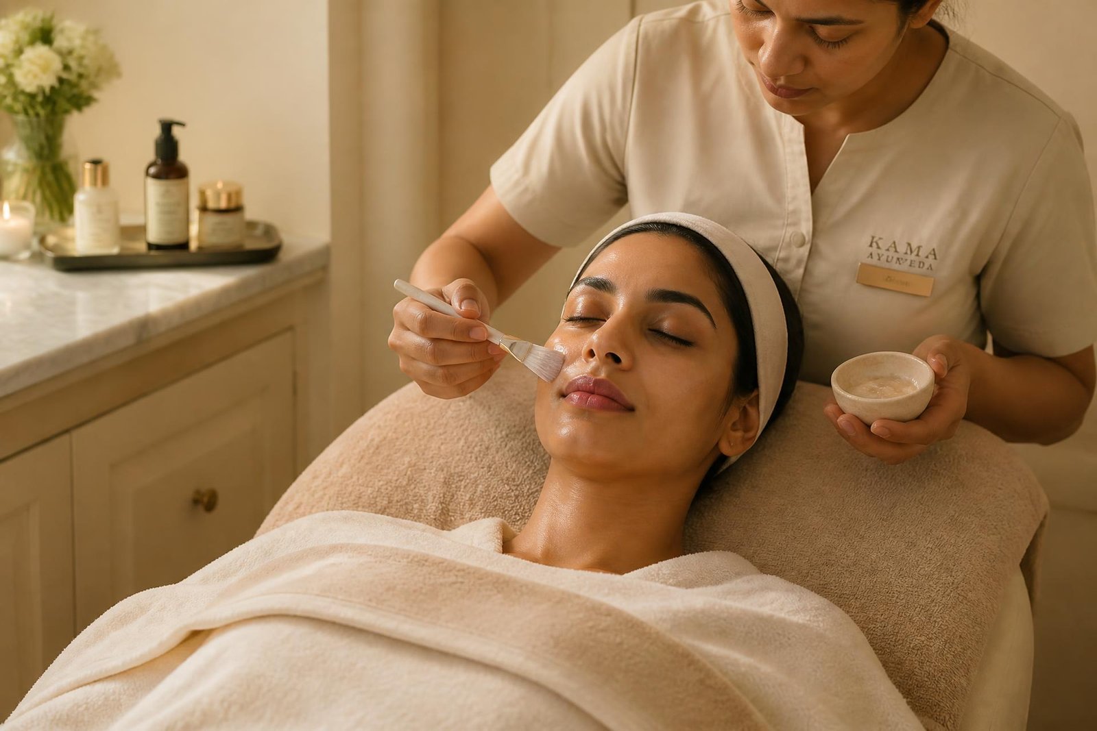Relaxing facial treatment in the skin care room at Sayaji ladies salon