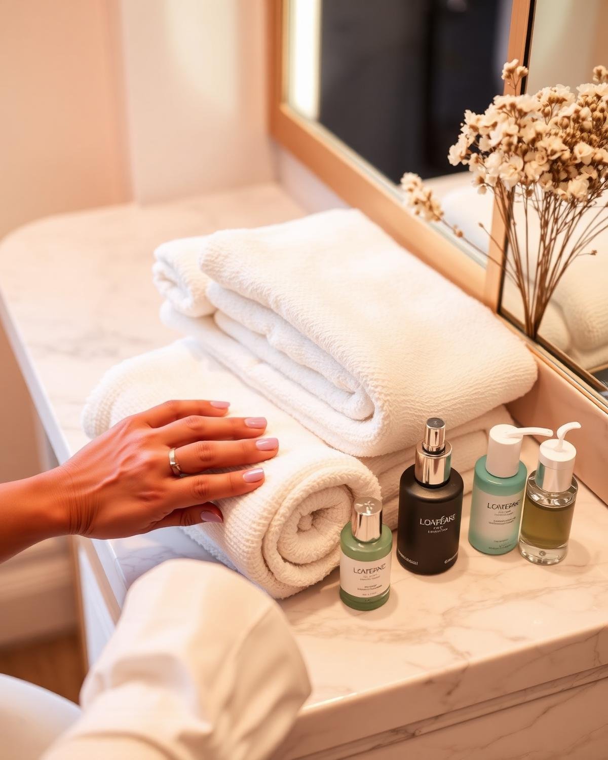 Fresh towels and skincare products arranged on the salon counter