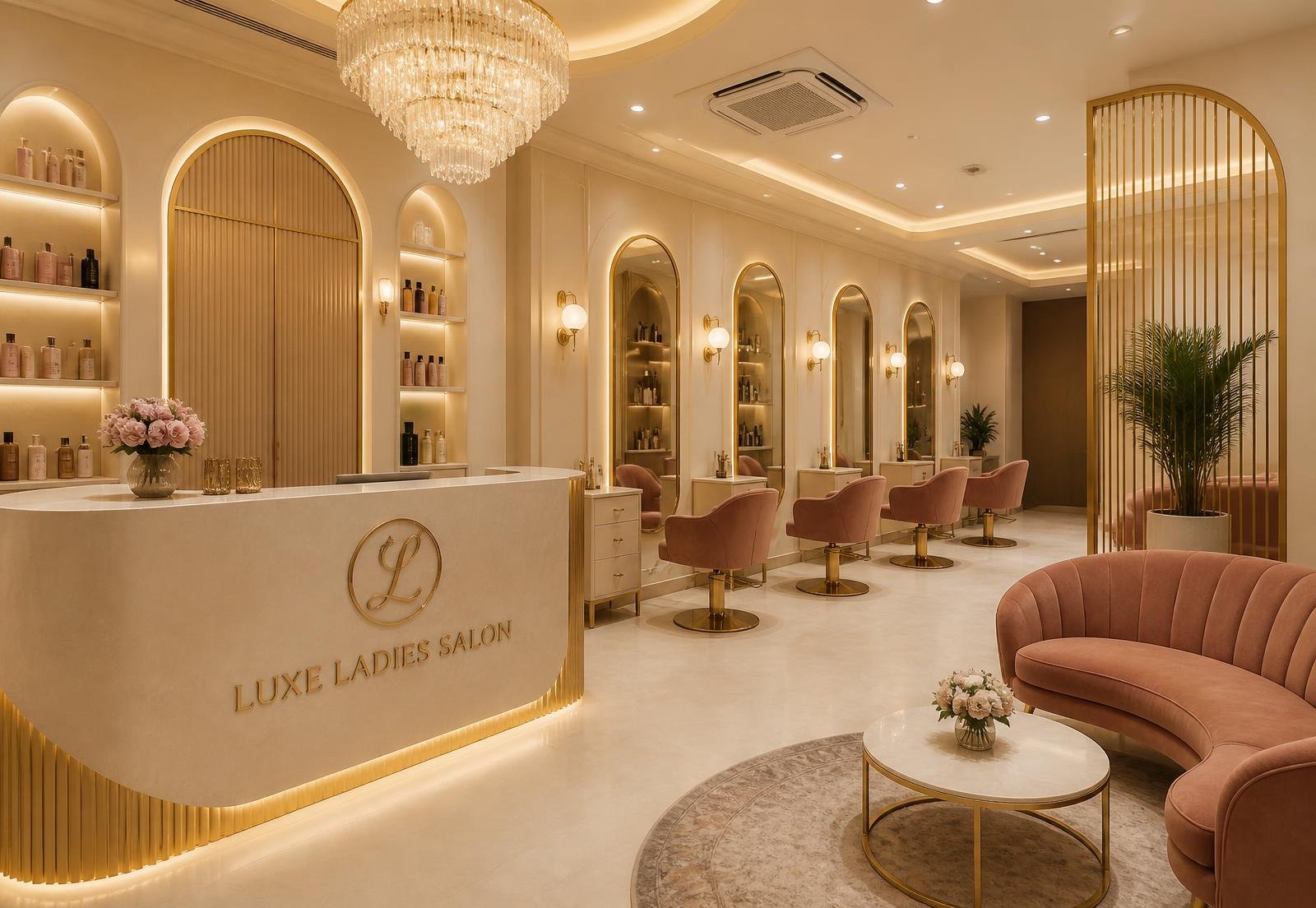 Warm cream and gold interior of Sayaji ladies salon in Kolhapur